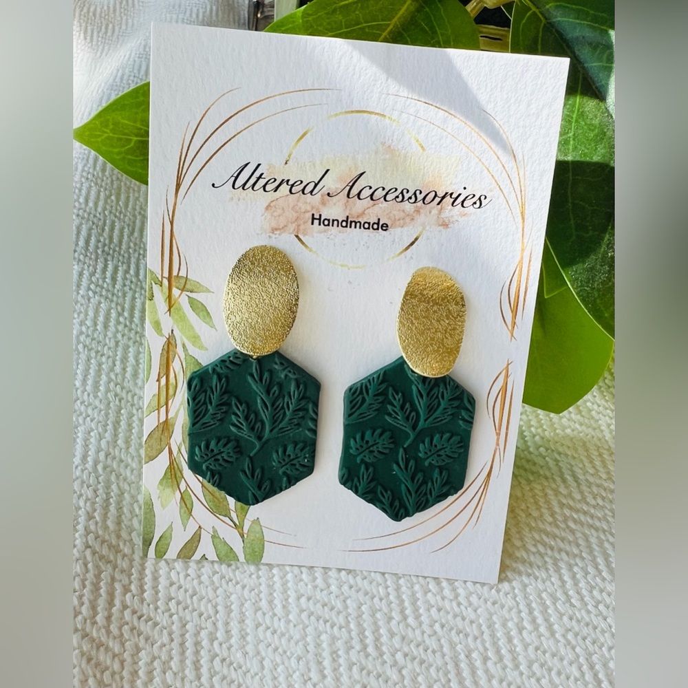 2/$30 Gold And Green Leaf Print Earrings